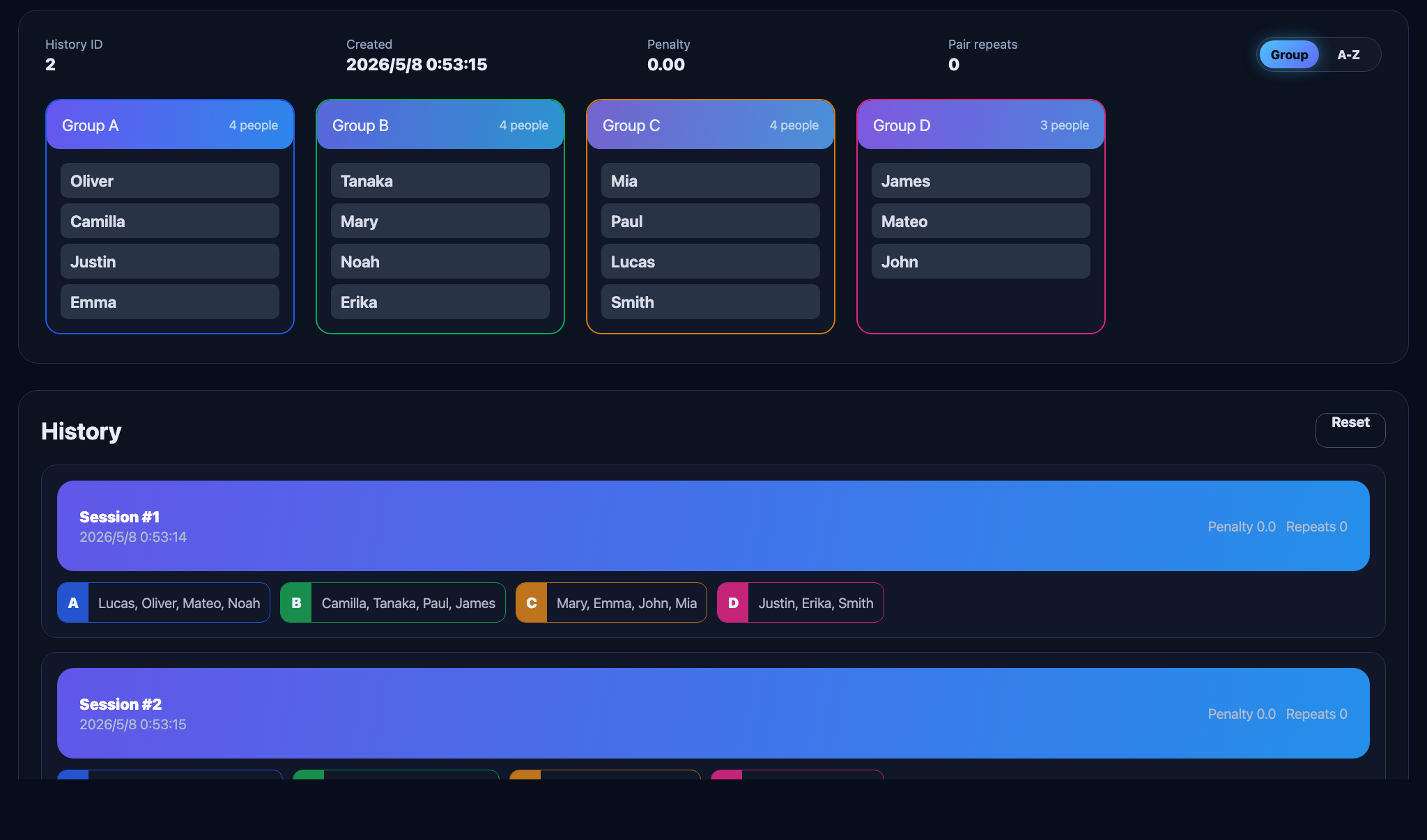 Shuffle app screen showing generated networking groups and session history